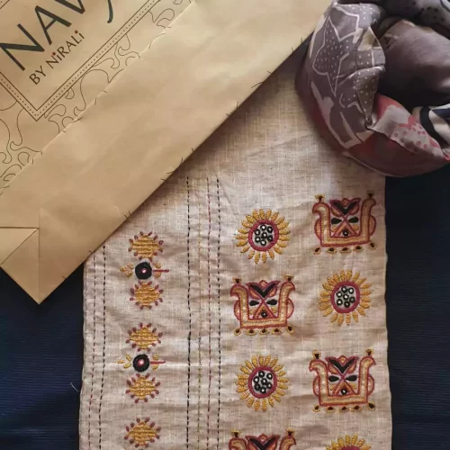 Cotton khadi hand embroidery dress material with ajrakh cotton dupatta