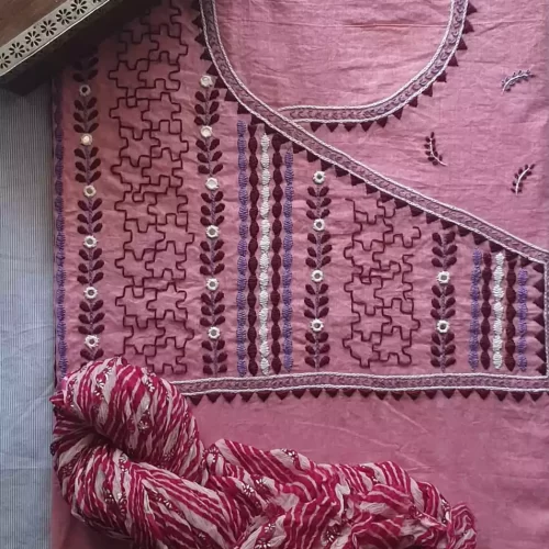 Cotton khadi hand embroidery dress material with khadi print laheriya dupatta