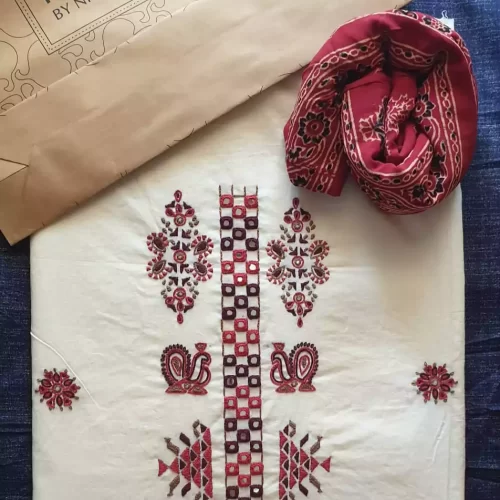 flex cotton traditional n mirror work dress material with ajrakh georget dupatta