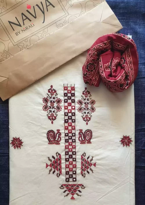 flex cotton traditional n mirror work dress material with ajrakh georget dupatta