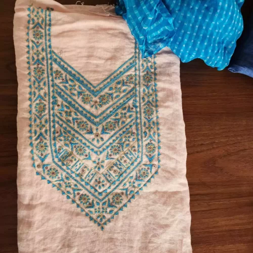 linen silk hand n ari mix dress material with laheriya dupatta