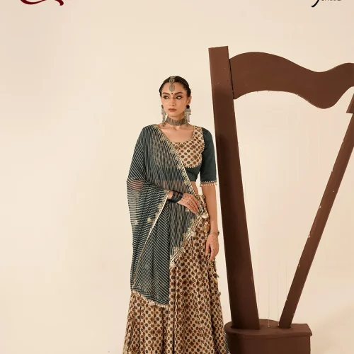Teal Ajrakh Print Mirror Border Chaniya Choli