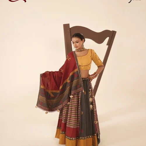 Mustard Embroidered Chaniya Choli with Maroon Dupatta