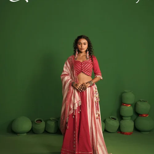 Fuchsia Pink Striped Mirror Work Chaniya Choli Set