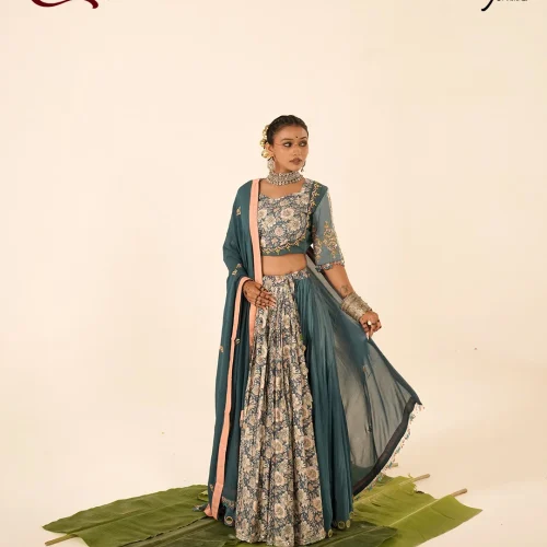 Teal Floral Printed Chaniya Choli with Tassel Details