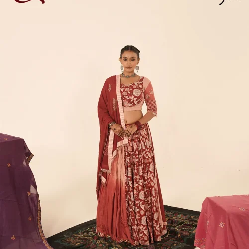Red Floral Printed Chaniya Choli with Embroidered Dupatta
