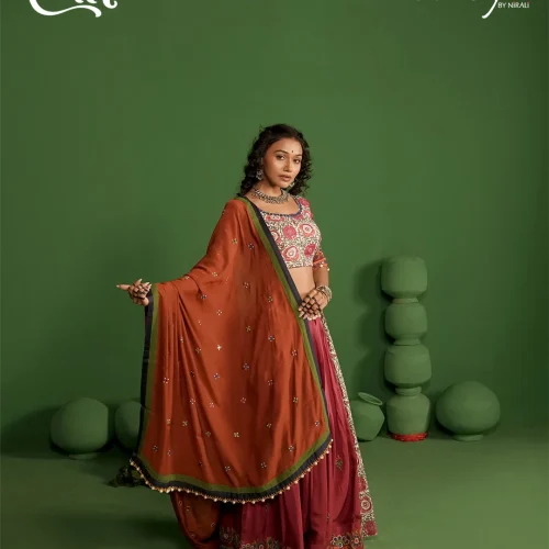 Maroon Floral Print Embroidered Chaniya Choli Set