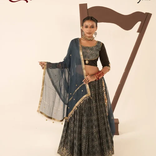 Charcoal Ajrakh Print Gold Border Chaniya Choli