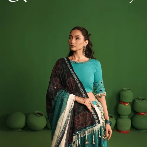Turquoise Mirror Work Patchwork Navratri Chaniya Choli