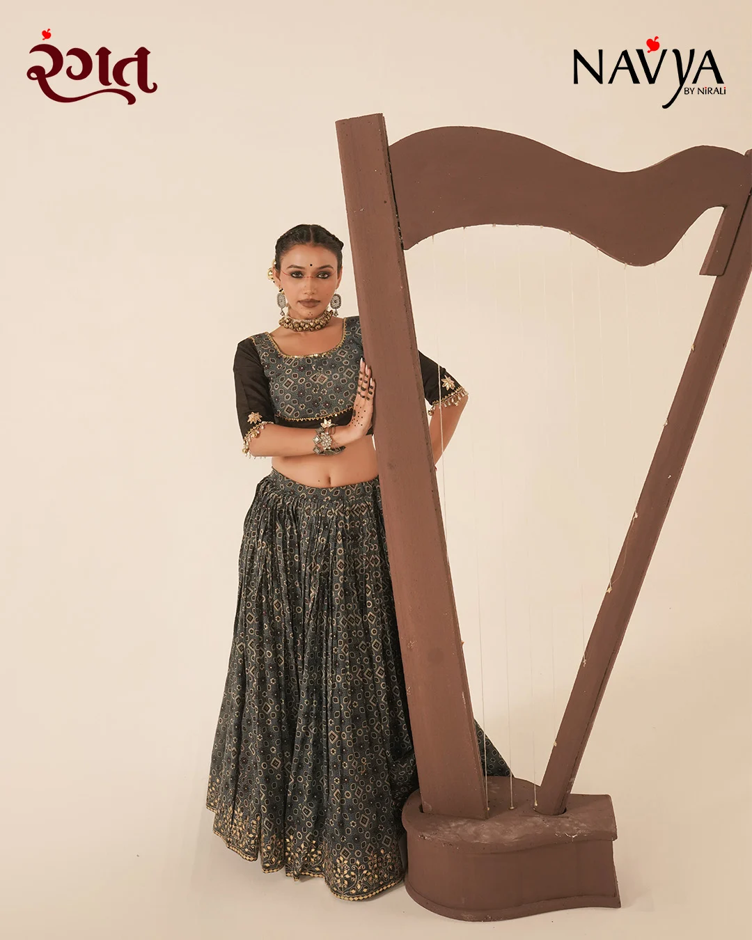 Charcoal Ajrakh Print Gold Border Chaniya Choli - Image 4