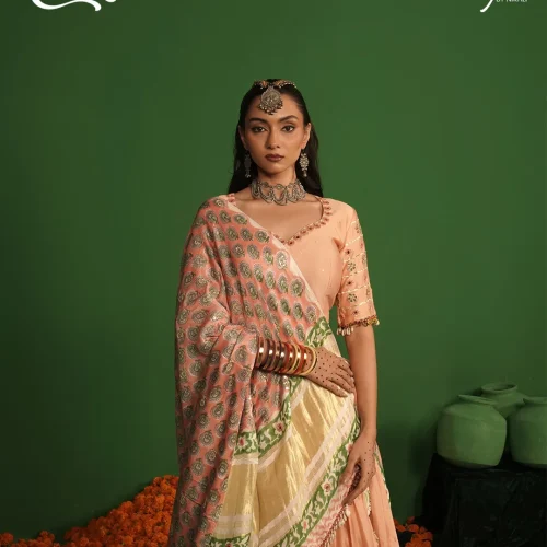 Peach Gold Border Mirror Work Chaniya Choli