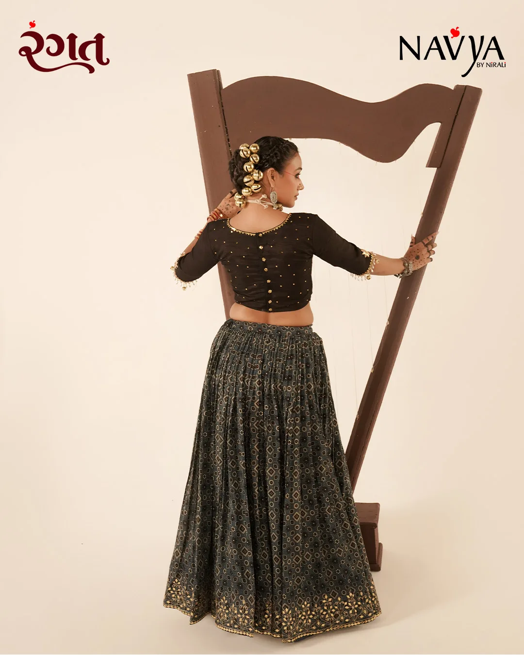 Charcoal Ajrakh Print Gold Border Chaniya Choli - Image 2