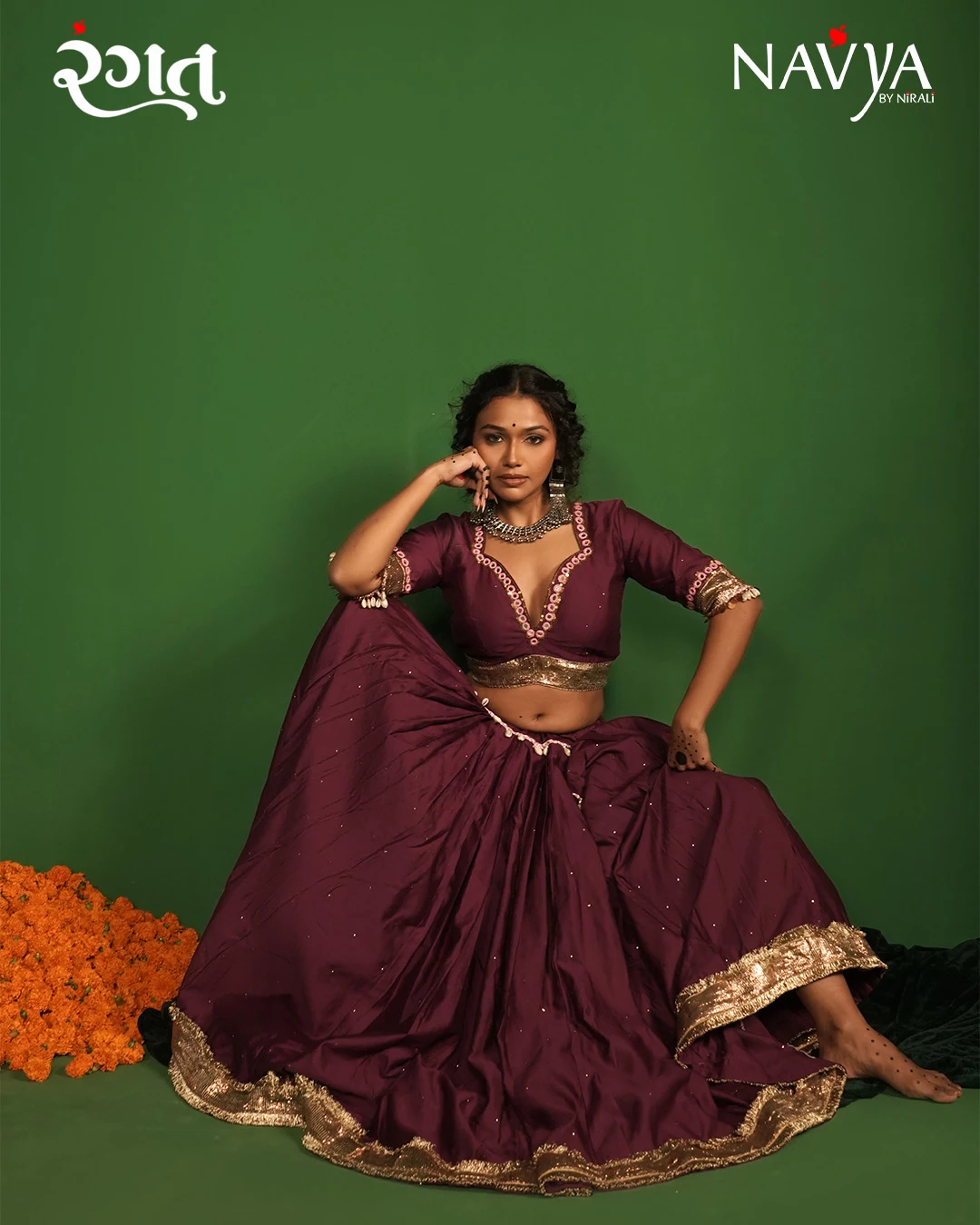Wine Purple Gold Border Festive Chaniya Choli - Image 3