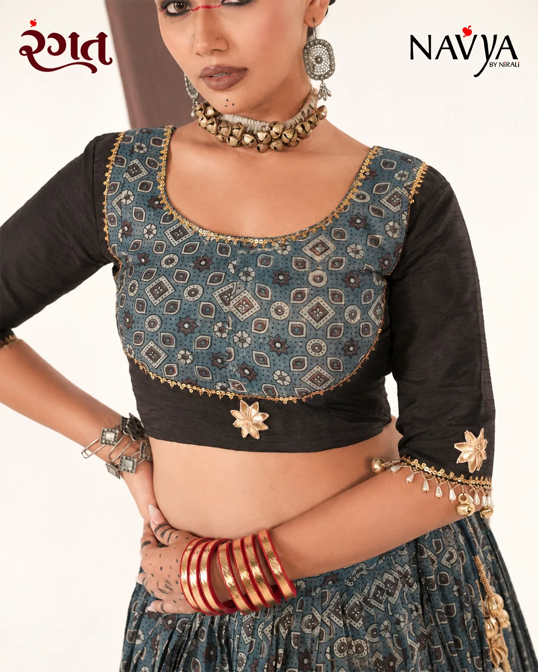 Charcoal Ajrakh Print Gold Border Chaniya Choli - Image 3