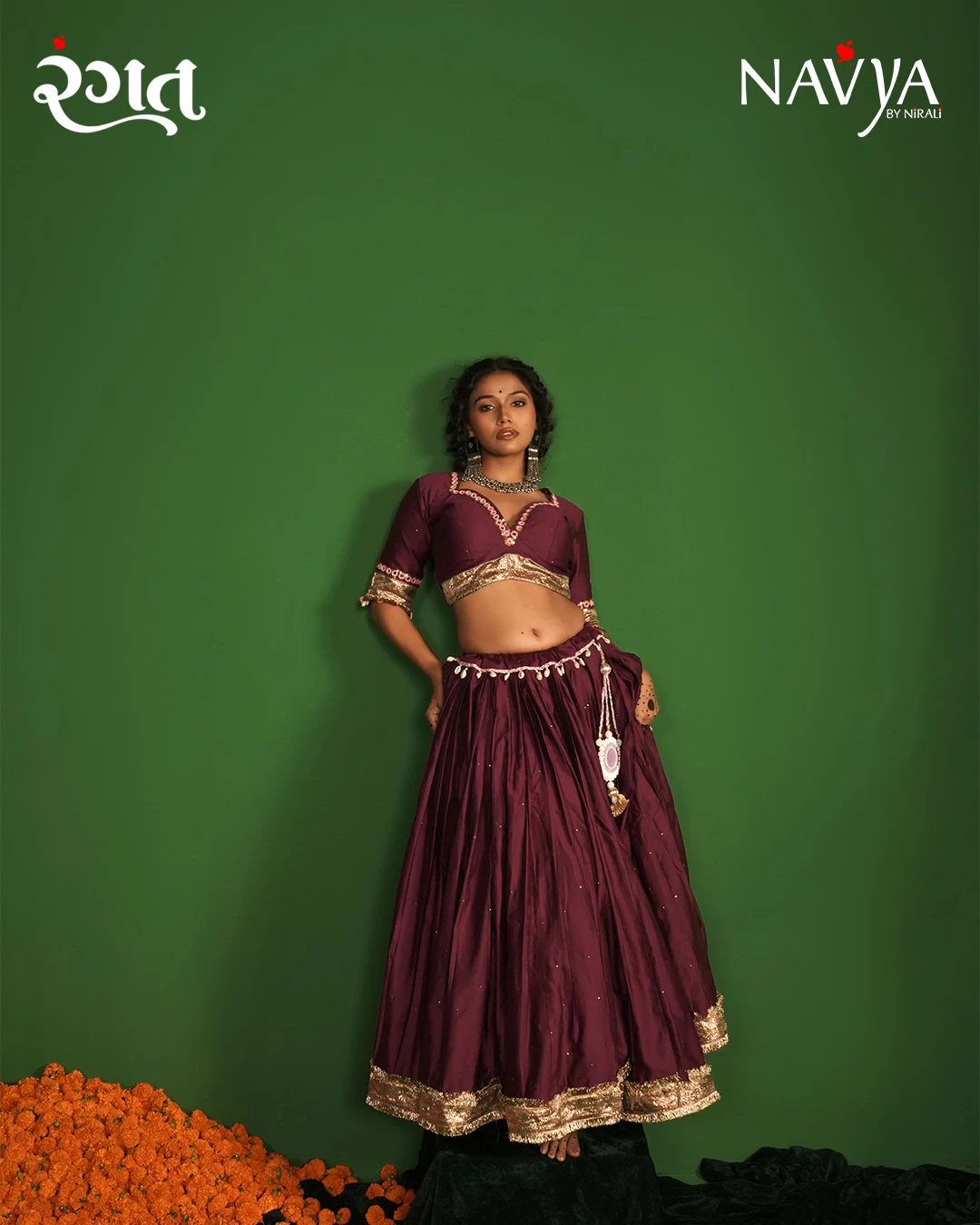 Wine Purple Gold Border Festive Chaniya Choli - Image 2