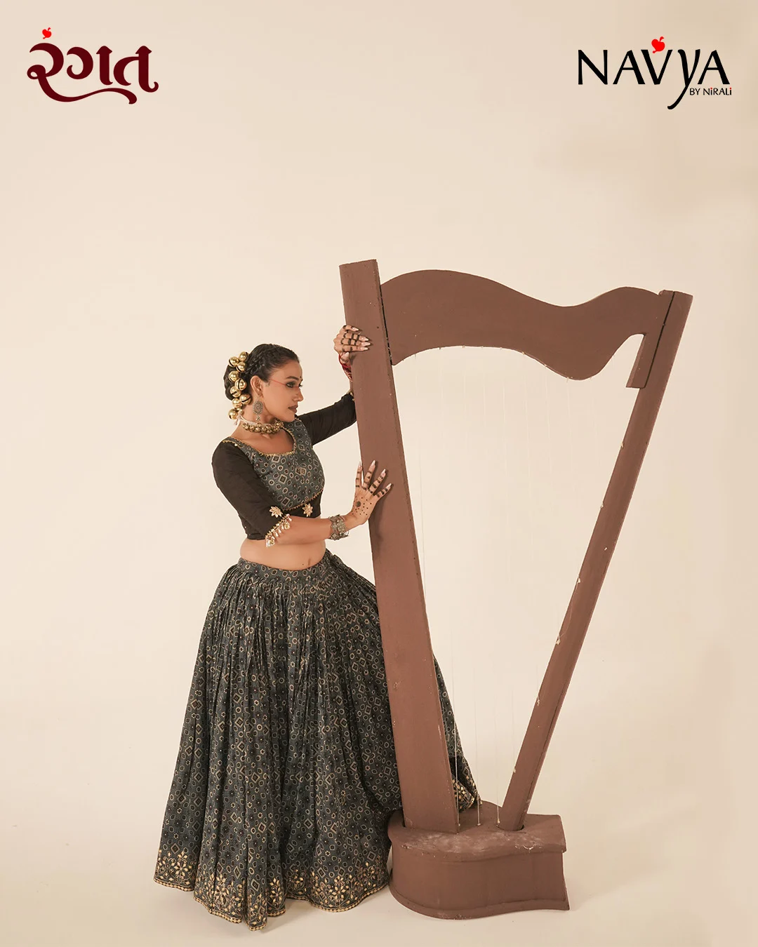 Charcoal Ajrakh Print Gold Border Chaniya Choli - Image 5