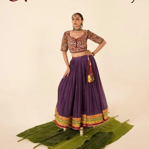 Purple Mirror Work Chaniya Choli with Multicolor Blouse