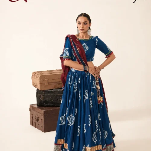 Blue Leaf Print Chaniya Choli with Maroon Dupatta