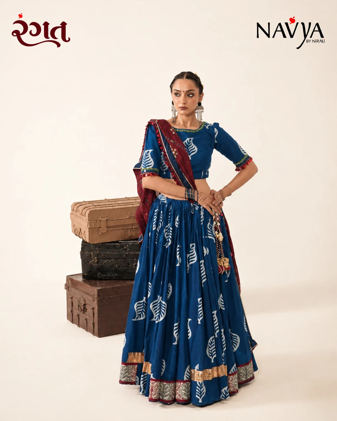 Blue Leaf Print Chaniya Choli with Maroon Dupatta
