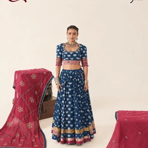 Royal Blue Printed Chaniya Choli with Pink Dupatta
