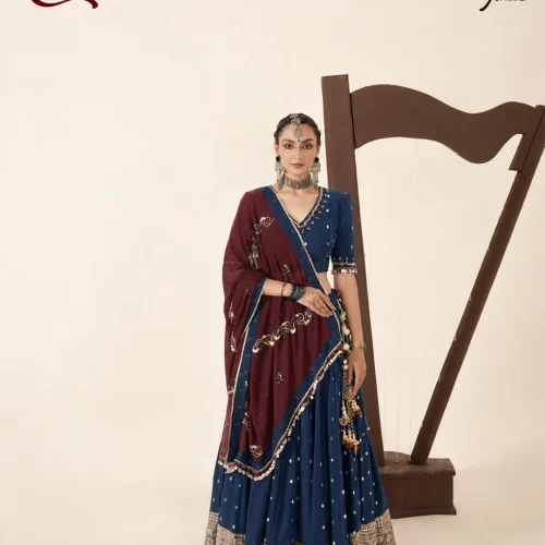 Navy Blue Chaniya Choli with Maroon Embroidered Dupatta